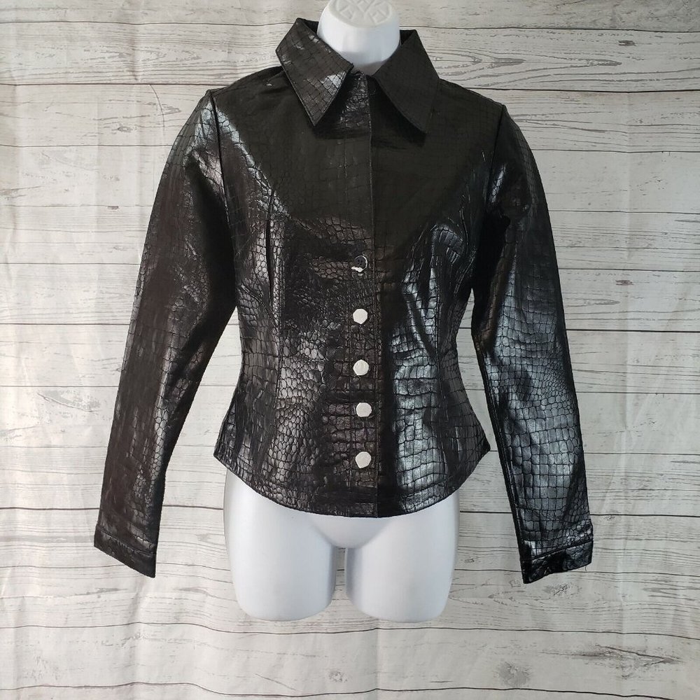 In Suede Womens Leather Jacket Sz Small Black Reptile Button Front